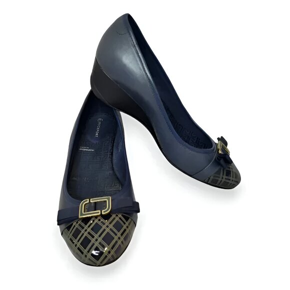 Rockport Navy Blue Gold Plaid Leather Cap Toe Color Block Wedges Pumps Flats 6 - Picture 7 of 7